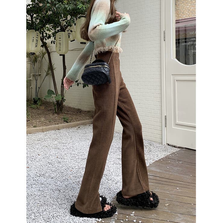 フレアパンツ フロントスリットフレアパンツ リブパンツ[品番
