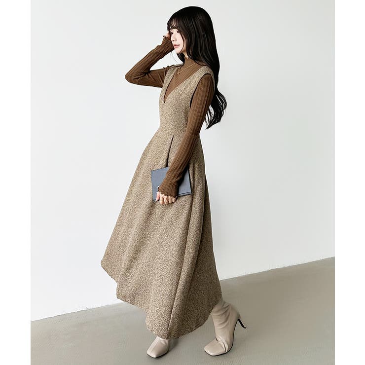 ジャンパースカート Vネックワンピース ワンピース[品番：COCW0005090