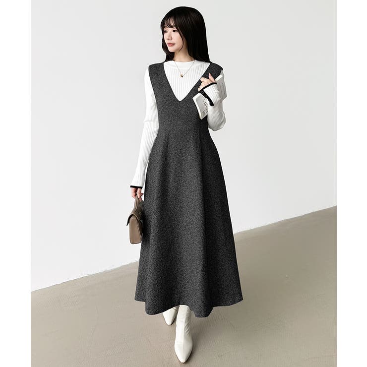 ジャンパースカート Vネックワンピース ワンピース[品番：COCW0005090