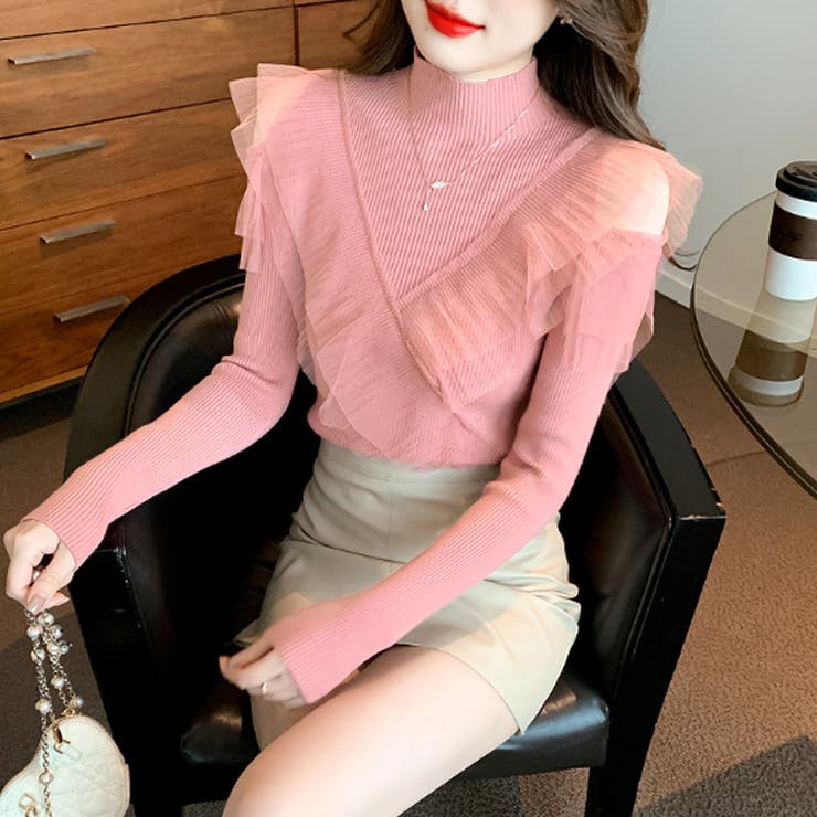 フリルレースハイネックニット 肩開きニット ニットセーター | COCOMOMO | 詳細画像2 