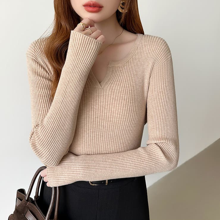 もっちりやわらかヤク風ニット キーネックニット リブニット | COCOMOMO | 詳細画像11 