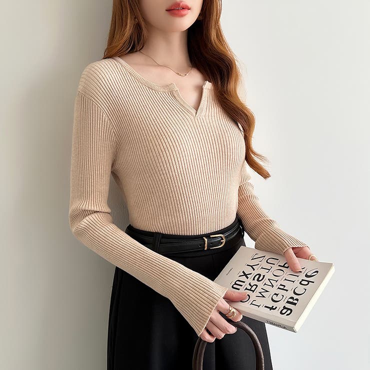 もっちりやわらかヤク風ニット キーネックニット リブニット | COCOMOMO | 詳細画像14 