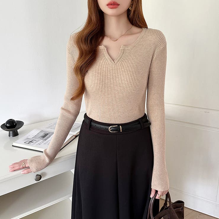 もっちりやわらかヤク風ニット キーネックニット リブニット | COCOMOMO | 詳細画像16 