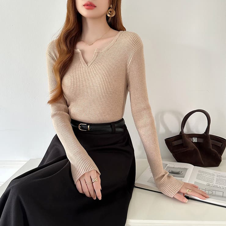 もっちりやわらかヤク風ニット キーネックニット リブニット | COCOMOMO | 詳細画像18 