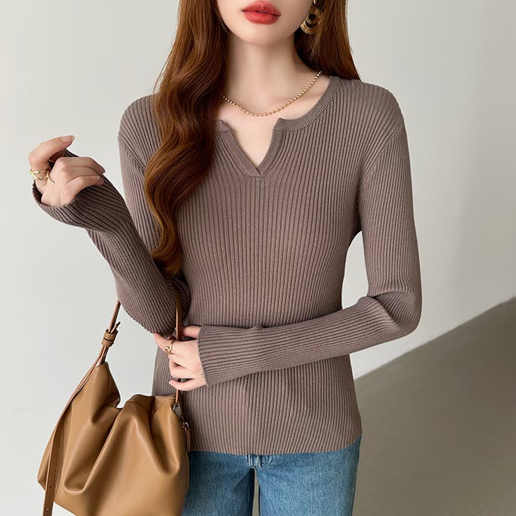 もっちりやわらかヤク風ニット キーネックニット リブニット | COCOMOMO | 詳細画像1 