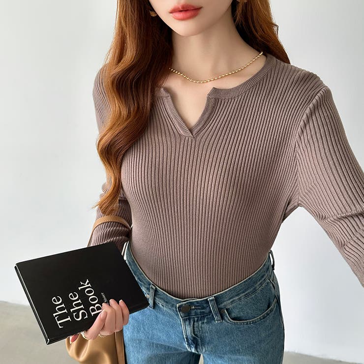 もっちりやわらかヤク風ニット キーネックニット リブニット | COCOMOMO | 詳細画像5 