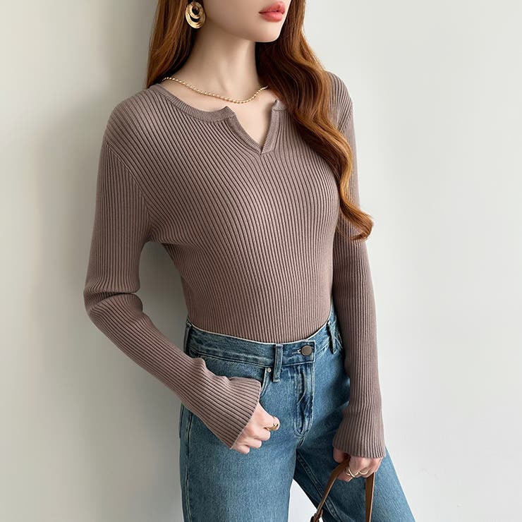 もっちりやわらかヤク風ニット キーネックニット リブニット | COCOMOMO | 詳細画像7 