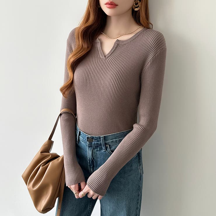 もっちりやわらかヤク風ニット キーネックニット リブニット | COCOMOMO | 詳細画像8 