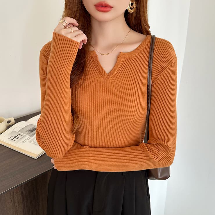 もっちりやわらかヤク風ニット キーネックニット リブニット | COCOMOMO | 詳細画像24 