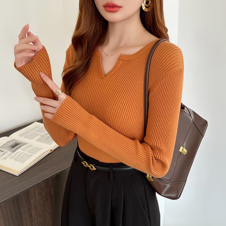 もっちりやわらかヤク風ニット キーネックニット リブニット | COCOMOMO | 詳細画像25 