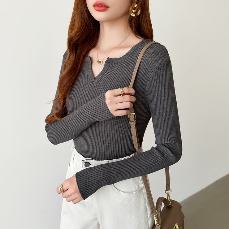 もっちりやわらかヤク風ニット キーネックニット リブニット | COCOMOMO | 詳細画像28 