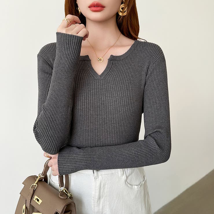 もっちりやわらかヤク風ニット キーネックニット リブニット | COCOMOMO | 詳細画像30 