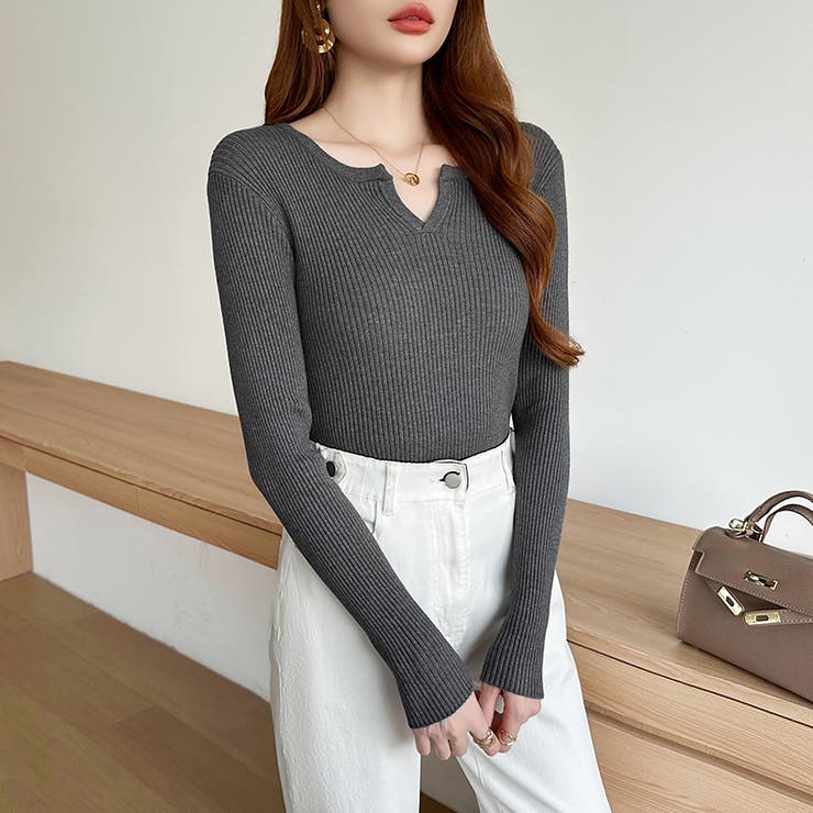 もっちりやわらかヤク風ニット キーネックニット リブニット | COCOMOMO | 詳細画像34 