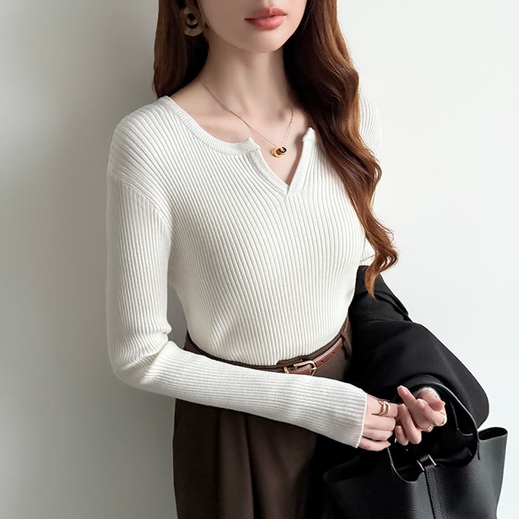 もっちりやわらかヤク風ニット キーネックニット リブニット | COCOMOMO | 詳細画像37 