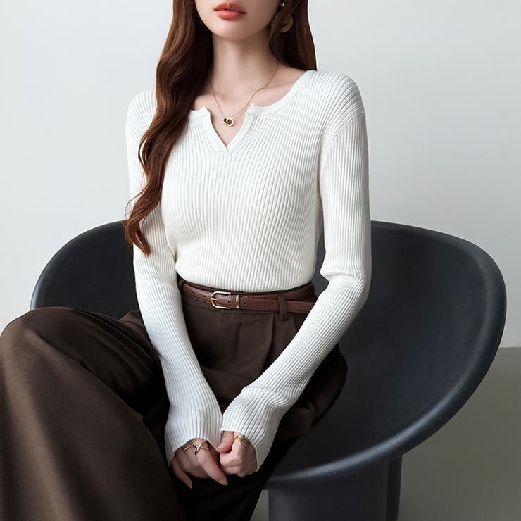 もっちりやわらかヤク風ニット キーネックニット リブニット | COCOMOMO | 詳細画像42 