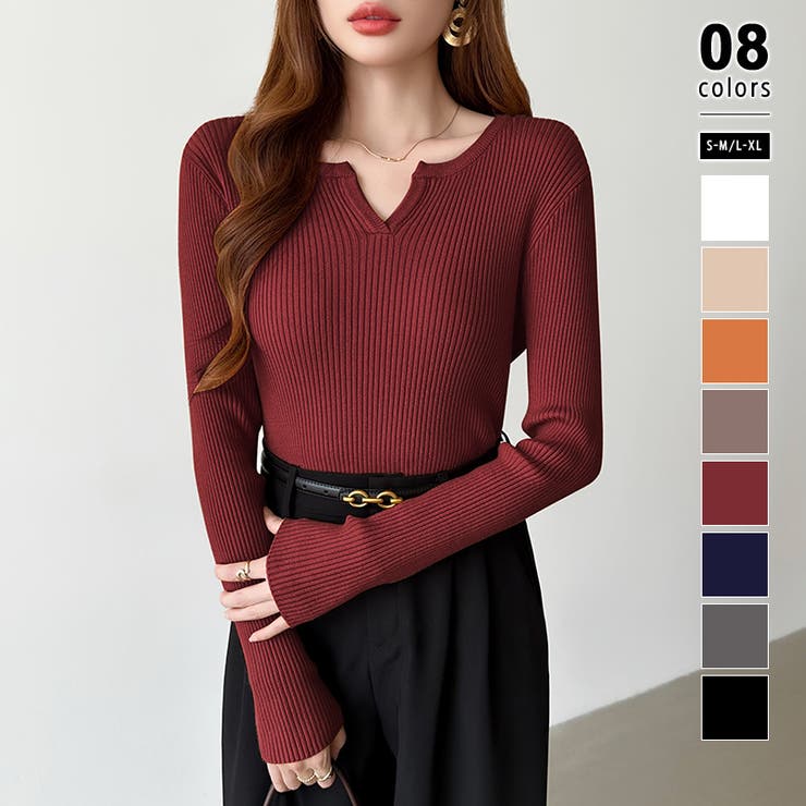 ワイン | もっちりやわらかヤク風ニット キーネックニット リブニット | COCOMOMO