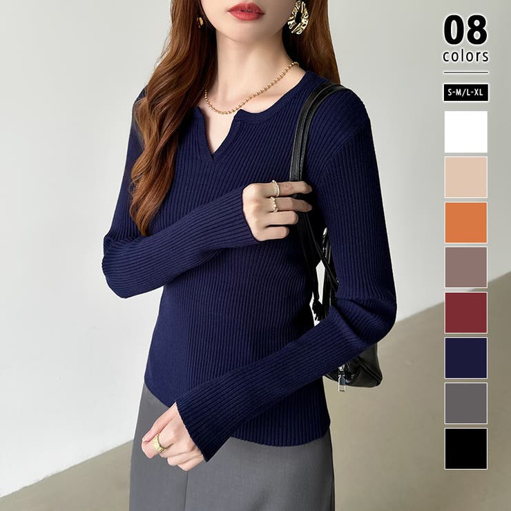 ネイビー | もっちりやわらかヤク風ニット キーネックニット リブニット | COCOMOMO