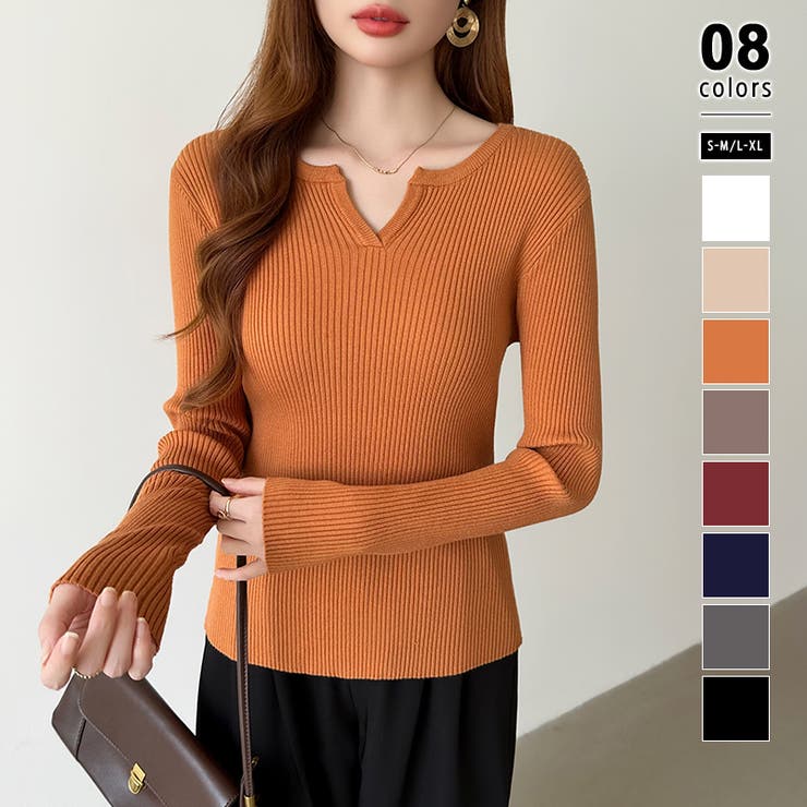 オレンジ | もっちりやわらかヤク風ニット キーネックニット リブニット | COCOMOMO