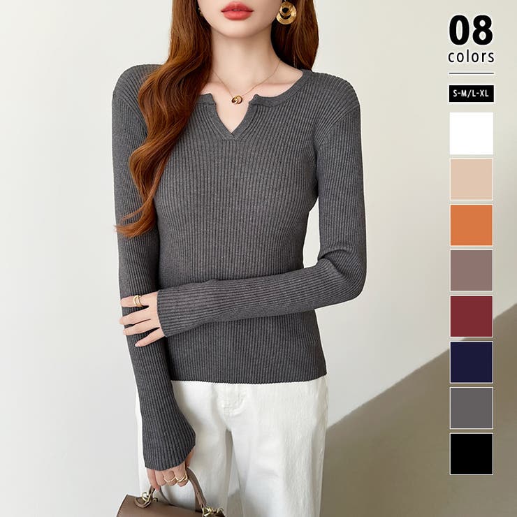 グレー | もっちりやわらかヤク風ニット キーネックニット リブニット | COCOMOMO