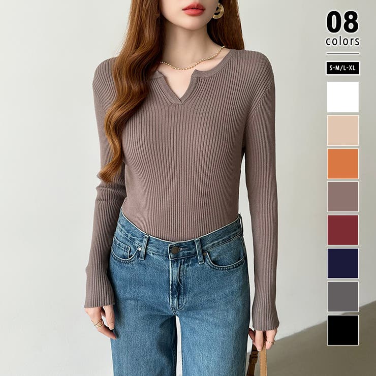 ブラウン | もっちりやわらかヤク風ニット キーネックニット リブニット | COCOMOMO