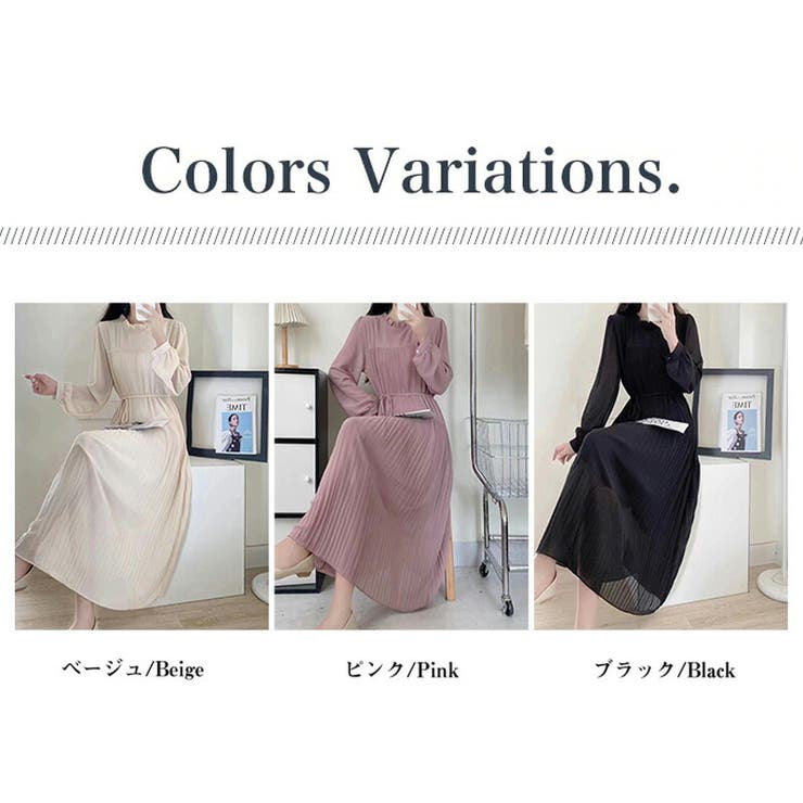 プリーツワンピース シフォンワンピース ロングワンピース[品番
