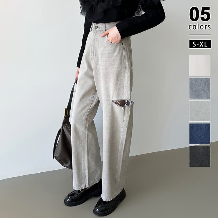 グレー | デニムパンツ サイドカットパンツ ダメージデニム | COCOMOMO
