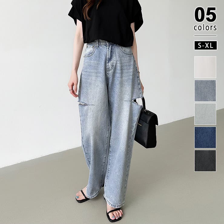 ブルー | デニムパンツ サイドカットパンツ ダメージデニム | COCOMOMO