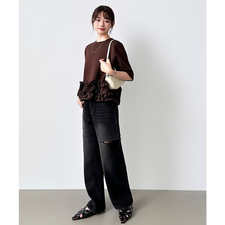 デニムパンツ サイドカットパンツ ダメージデニム[品番：COCW0005283