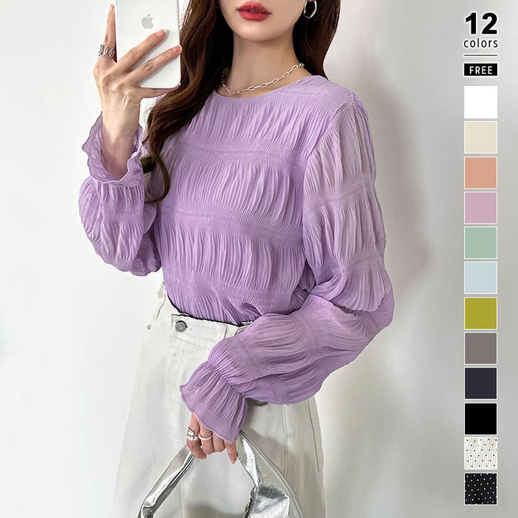 パープル | 【2026SS新色登場】薄手風コーデが楽しめる シャーリングブラウス シアーブラ… | COCOMOMO