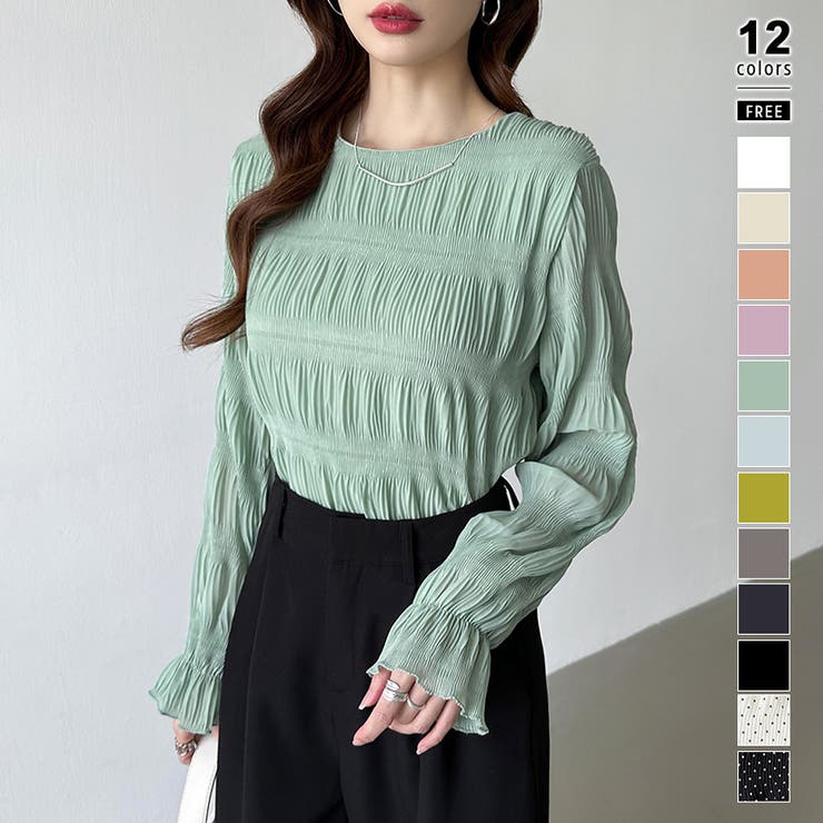 グリーン | 【2026SS新色登場】薄手風コーデが楽しめる シャーリングブラウス シアーブラ… | COCOMOMO