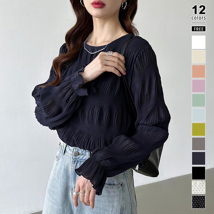 ネイビー | 【2026SS新色登場】薄手風コーデが楽しめる シャーリングブラウス シアーブラ… | COCOMOMO