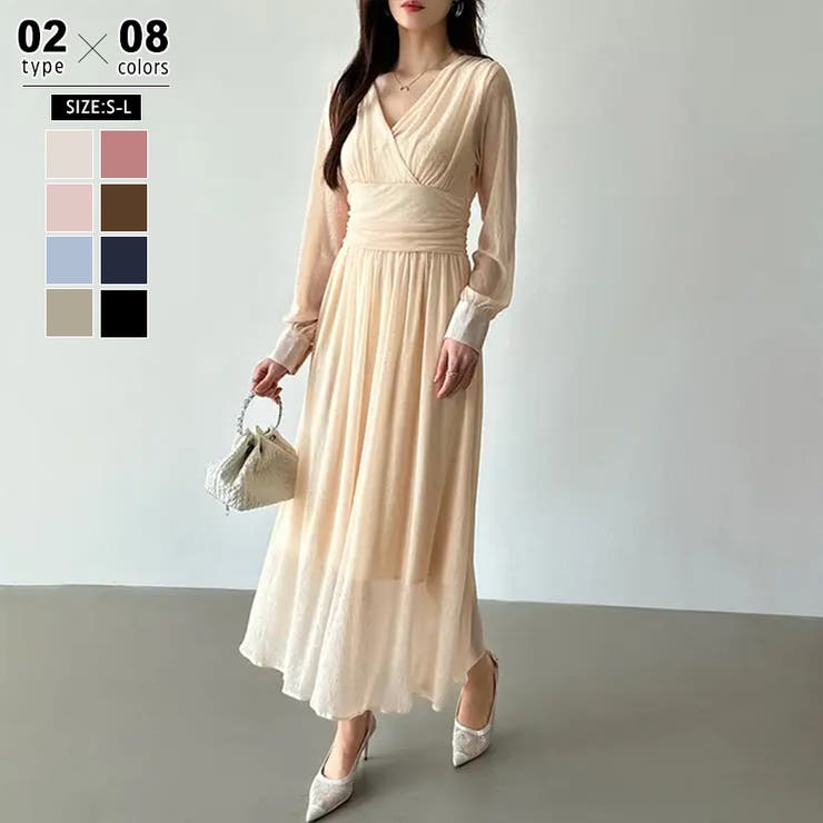 ベージュ | カシュクールラメドレス パーティードレス カシュクールワンピース | COCOMOMO