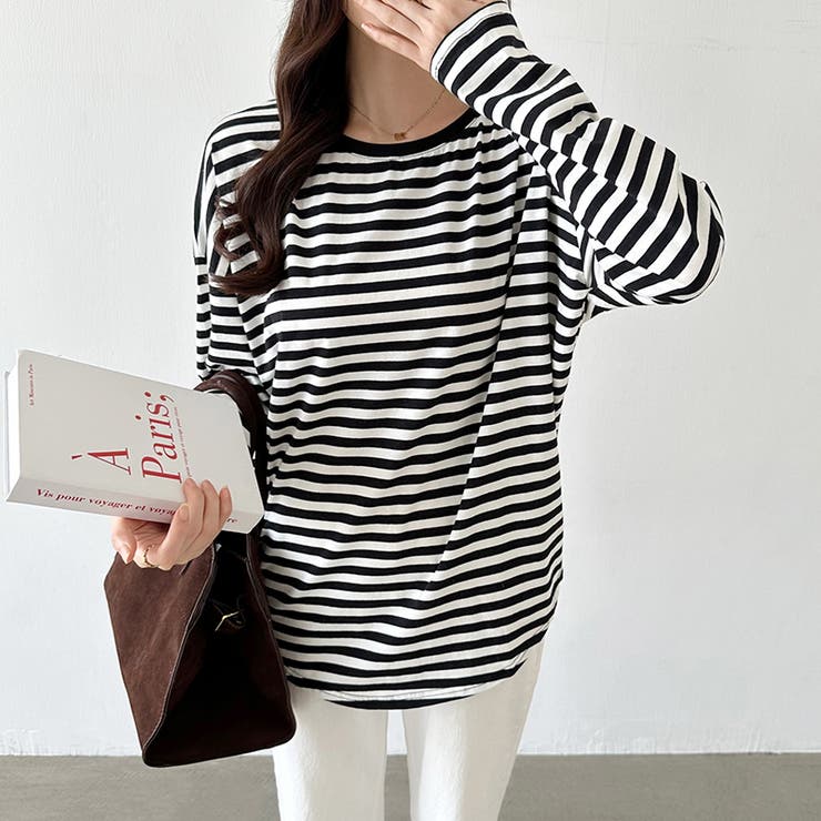 ボーダー カットソー ラウンドヘムtシャツ[品番：COCW0005344