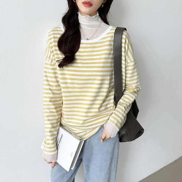 ボーダー カットソー ラウンドヘムtシャツ[品番：COCW0005344