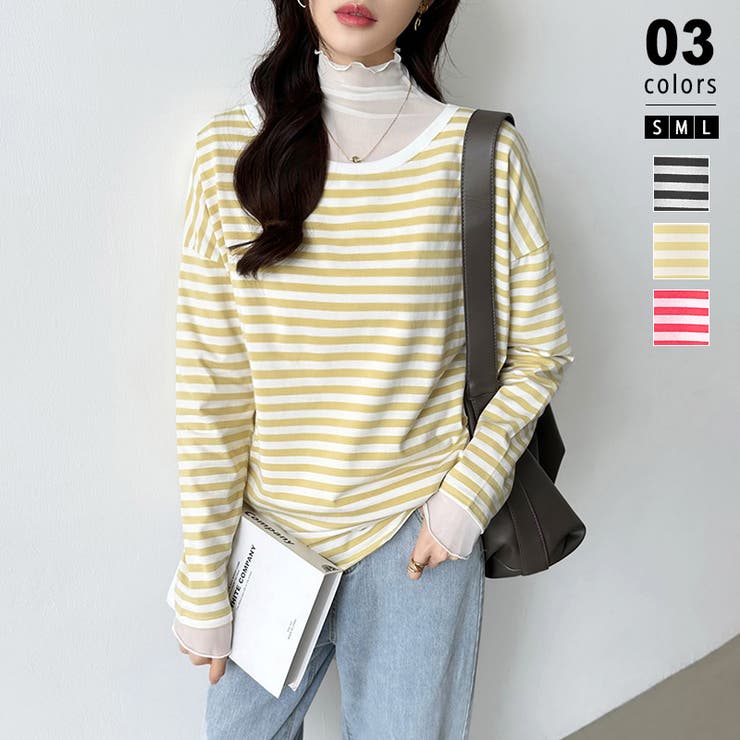マスタード・ボーダー | ボーダー カットソー ラウンドヘムtシャツ | COCOMOMO