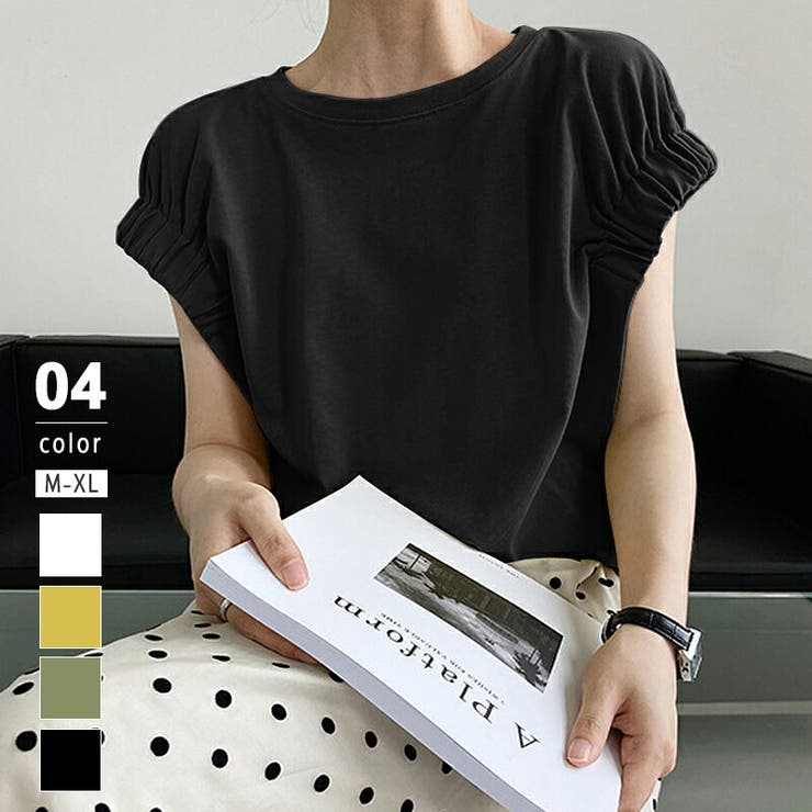 ブラック | tシャツ コットン100％ ギャザーカットソー | COCOMOMO