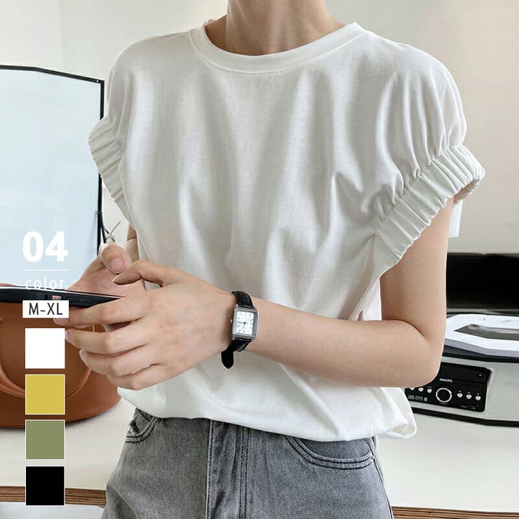 ホワイト | tシャツ コットン100％ ギャザーカットソー | COCOMOMO