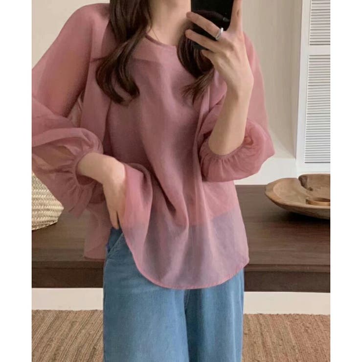 ピンク | シアーブラウス ボリューム袖 キャミソールセット | COCOMOMO