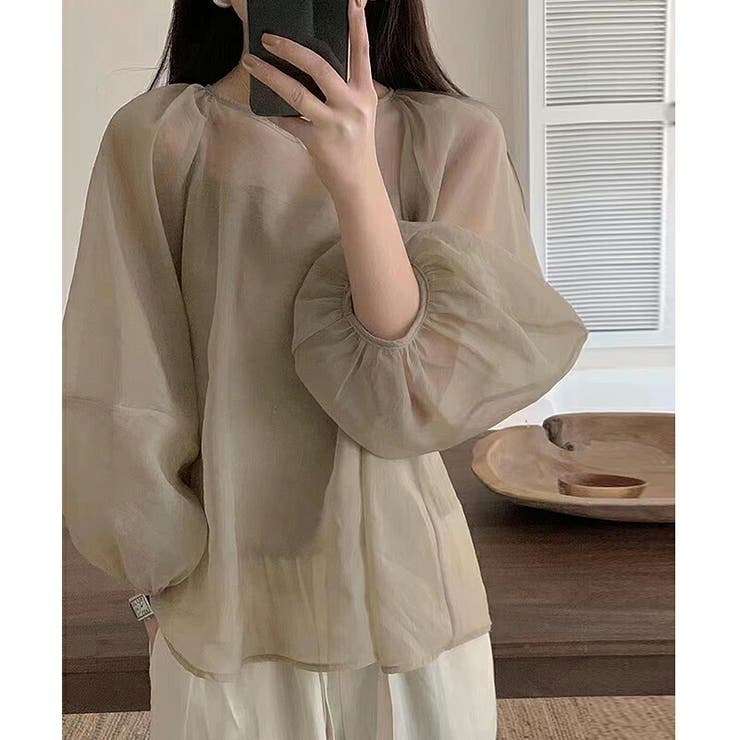 グレー | シアーブラウス ボリューム袖 キャミソールセット | COCOMOMO