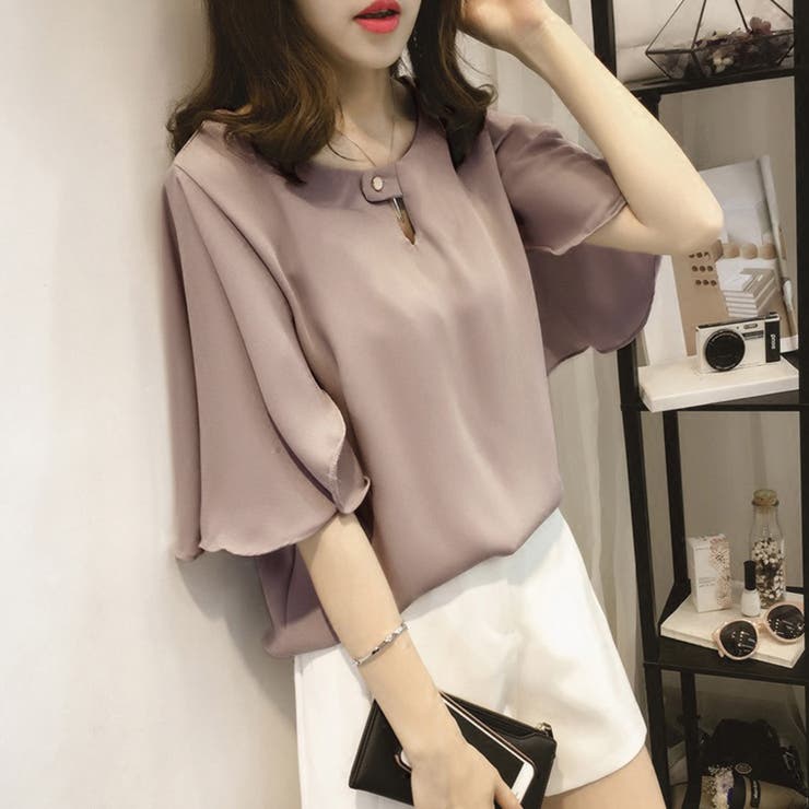 グレージュ | フレアスリーブブラウス ブラウス シフォン | COCOMOMO