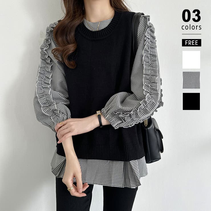 チェック柄 | フリルブラウス ペプラムトップス 長袖 | COCOMOMO