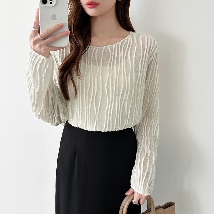 ウェーブ柄ブラウス シアートップス 長袖 | COCOMOMO | 詳細画像9 