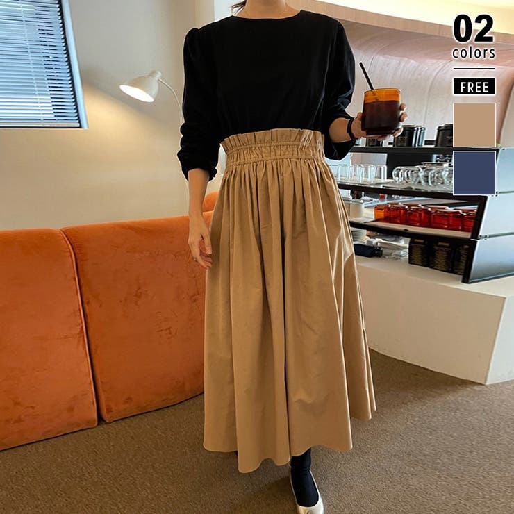 ブラウン | ワンピース ドッキングワンピース 異素材切り替え | COCOMOMO