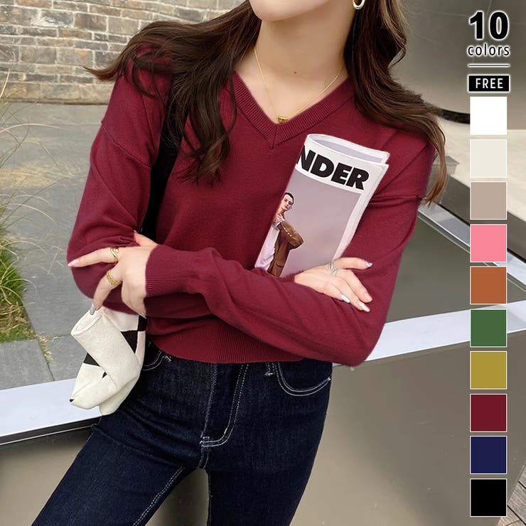 ワイン | vネックニット カラーニット オフィスカジュアル | COCOMOMO