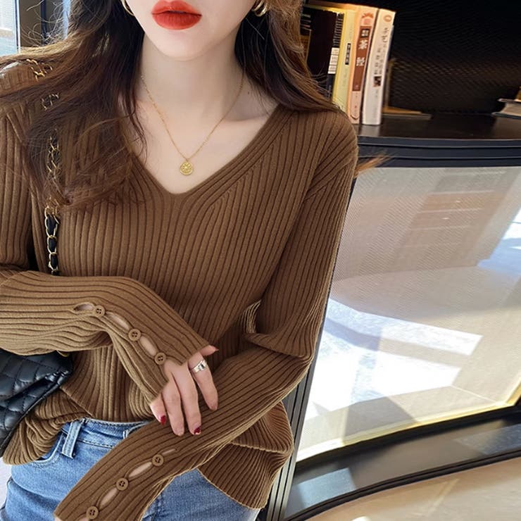 袖ボタンニット リブニット vネックトップス | COCOMOMO | 詳細画像10 