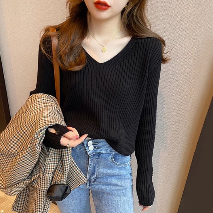 袖ボタンニット リブニット vネックトップス | COCOMOMO | 詳細画像12 