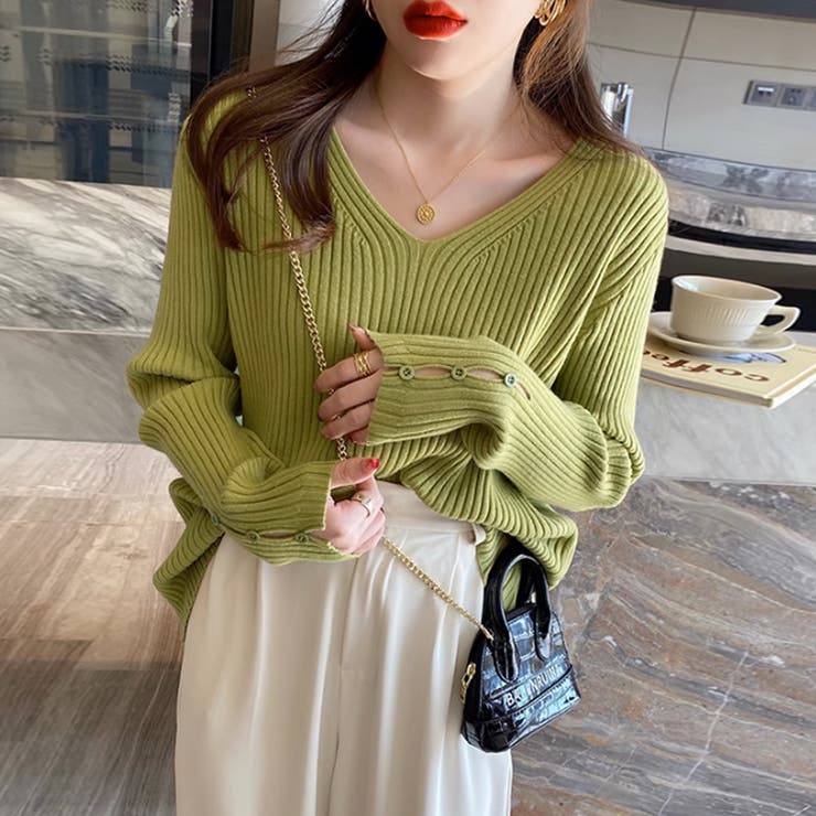 袖ボタンニット リブニット vネックトップス | COCOMOMO | 詳細画像5 