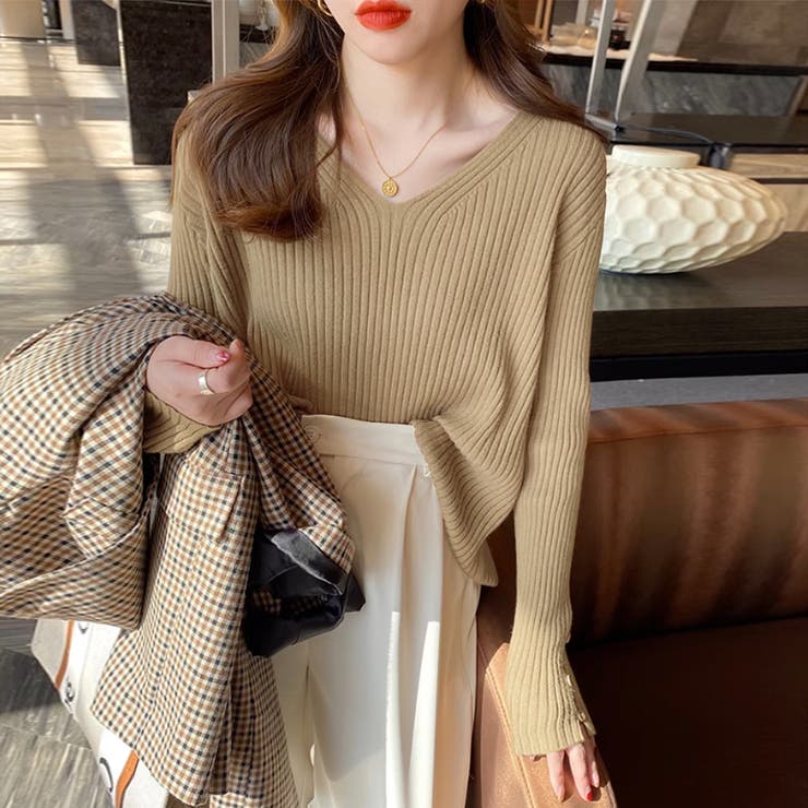 袖ボタンニット リブニット vネックトップス | COCOMOMO | 詳細画像7 