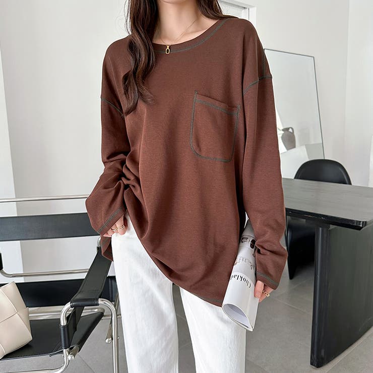 配色ステッチカットソー オーバーサイズ ロンt | COCOMOMO | 詳細画像11 