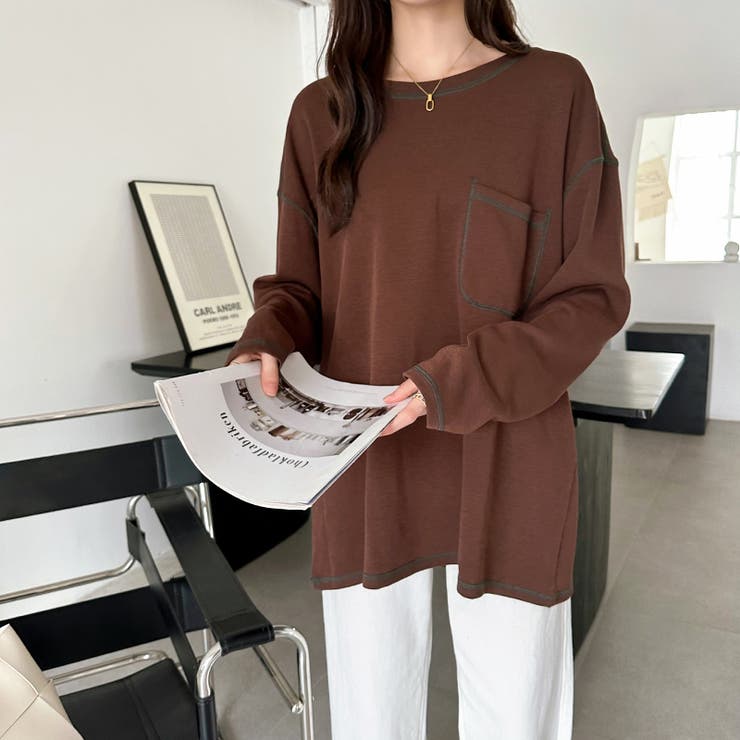 配色ステッチカットソー オーバーサイズ ロンt | COCOMOMO | 詳細画像13 